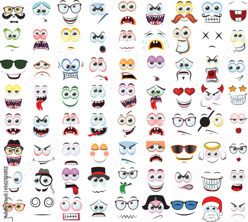 Face expression isolated vector icons, funny cartoon emoji dreaming, fall in love, laughing and smile. Facial feelings, emoticons kissing, happy and show tongue, toothy. Positive face expressions