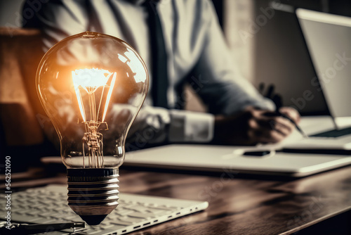 Crop close up of businessman sit at desk with light bulb inspired by innovative business idea, innovation, energy save concept (ai generated)