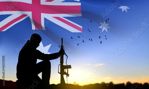 Silhouette of Soldier kneeling down with Australian flag on background of sunset. Concept - Armed Force. EPS10 vector