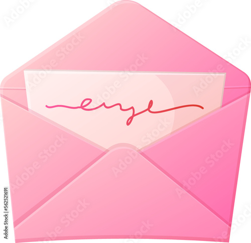 Love letter. Open envelope with letter. Vanentine day, romantic confession concept.