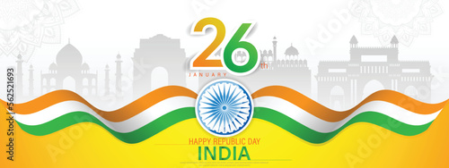 26 th January Indian Republic Day banner template design with Indian flag and silhouette of Indian monument.