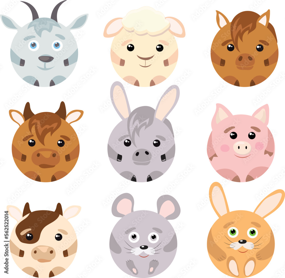 Goat, Sheep, Horse, Bull, Donkey, Pig, Cow, Mouse and Rabbit - set of cute cartoon farm animals isolated on a transparent background. Goat, Sheep, Horse, Bull, Donkey, Pig, Cow, Mouse and Rabbit - set of cute cartoon farm animals isolated on a transparent background.