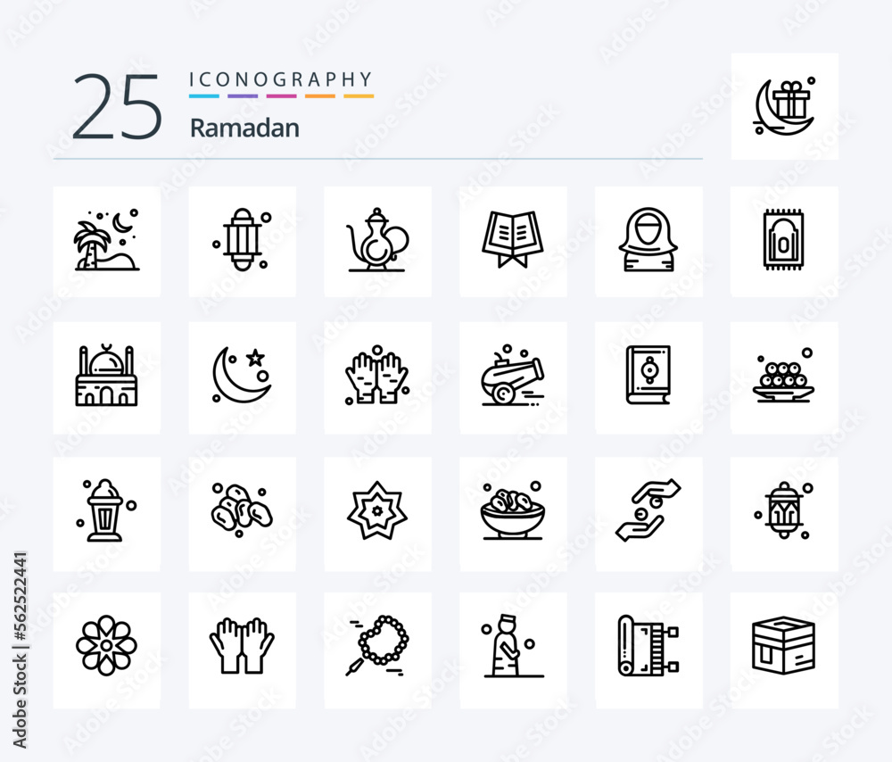 Ramadan 25 Line icon pack including book . religion. light . ramadan . cup