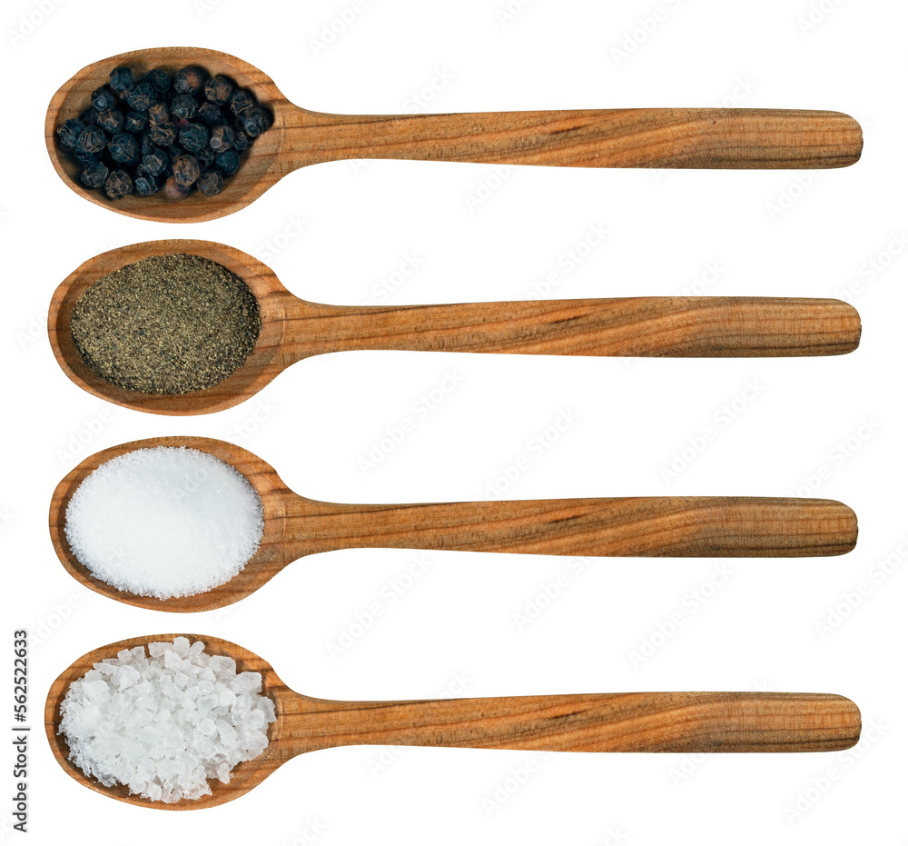 Two wooden spoons with coarse and ground salt. Two wooden spoons with pepper balls and ground. Isolated background. Two wooden spoons with coarse and ground salt. Two wooden spoons with pepper balls and ground. Isolated background.