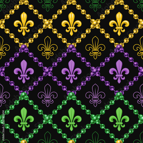 Geometric pattern with fleur de lis symbol. Diagonal square grid with string of beads. Illustration for Mardi Gras carnival. Vintage illustration for prints, clothing, holiday, surface design