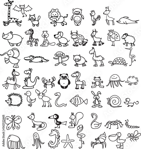 Set of animal icons Drawing illustration Hand drawn doodle Sketch line vector