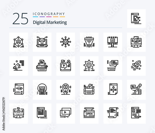 Digital Marketing 25 Line icon pack including funnel. filter. email. presentation. connect