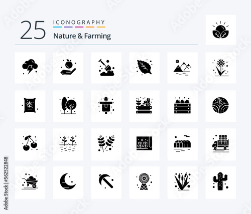 Nature And Farming 25 Solid Glyph icon pack including farming. sun. farming. mountain. leaf © Muhammad
