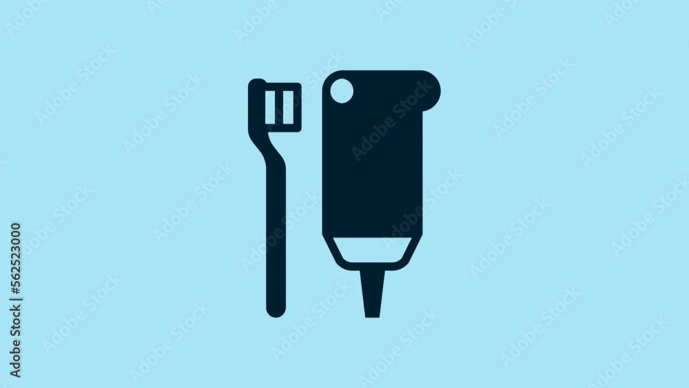Blue Toothbrush and tube of toothpaste icon isolated on blue background. Disposable bathroom supplies. 4K Video motion graphic animation Blue Toothbrush and tube of toothpaste icon isolated on blue background. Disposable bathroom supplies. 4K Video motion graphic animation