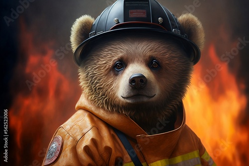 Bear Wears fireman suit, background Cinematic,photorealistic Portrait Generative ai photo