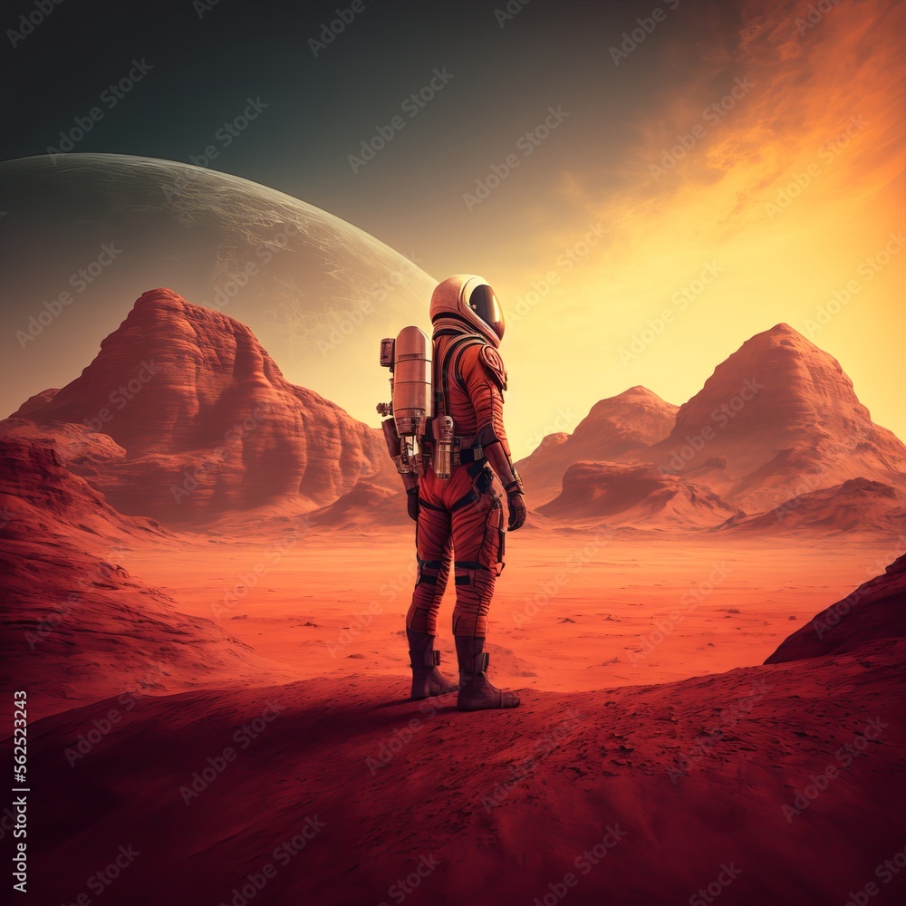 Fototapeta premium Full body view of an astronaut is standing on planet Mars and taking in the view. Generative AI