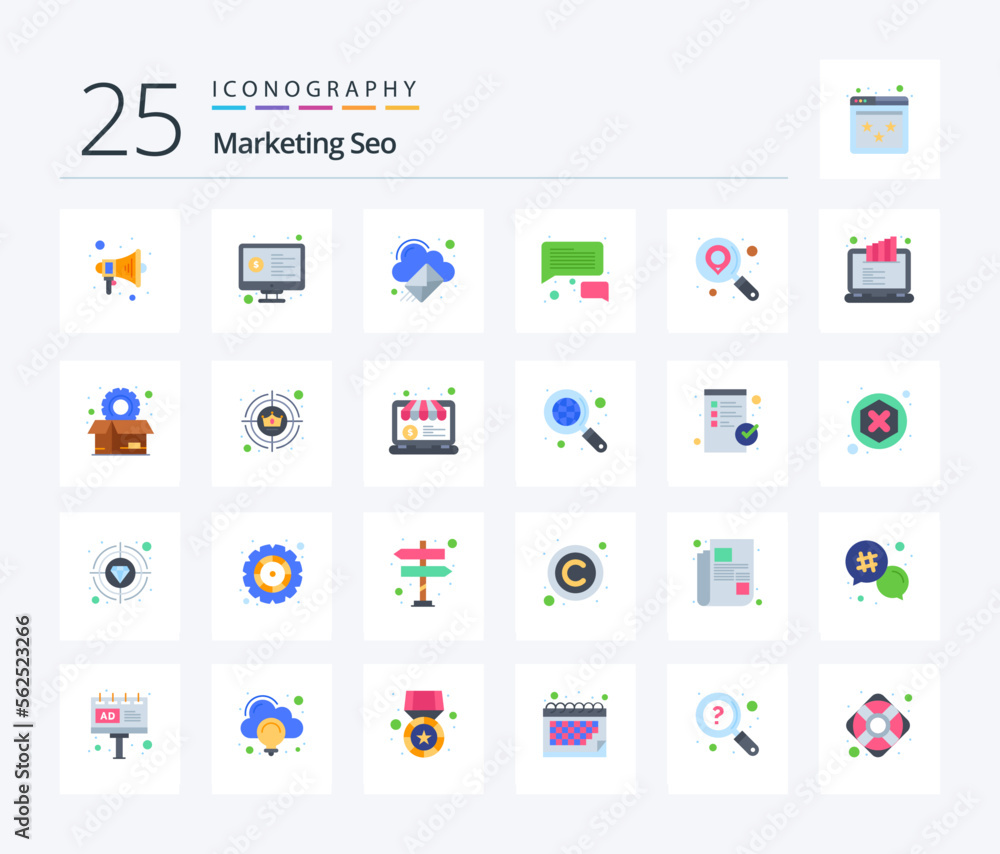 Marketing Seo 25 Flat Color icon pack including location. message. analysis. communication. email