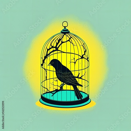A black bird in a cage prison. Generative AI.