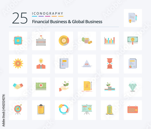 Financial Business And Global Business 25 Flat Color icon pack including line. balance. pie. calculator. money