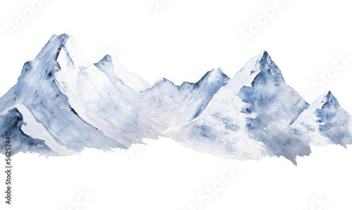 Watercolor illustration of picturesque snowy mountains isolated, minimalist landscape © dakora