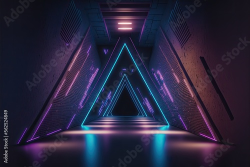 Sci-fi neon illuminated corridor Generative AI © Ecleposs