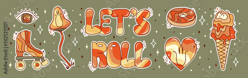 Retro groovy stickers set in 70s style. Psychedelic mushroom, ice cream, eye, happy heart, donut, and lettering. Sticker pack in trendy retro psychedelic cartoon style. Hippie and boho.