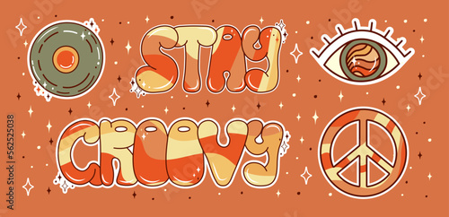 Retro groovy stickers set in 70s style. Psychedelic eye, disk, peace symbol, and lettering. Sticker pack in trendy retro psychedelic cartoon style. Hippie and boho.