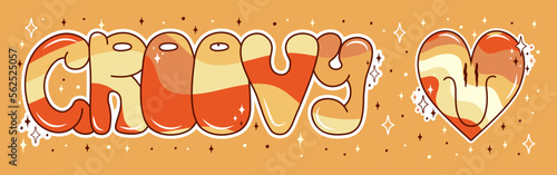 Retro groovy stickers set in 70s style. Psychedelic happy heart and lettering. Sticker pack in trendy retro psychedelic cartoon style. Hippie and boho.