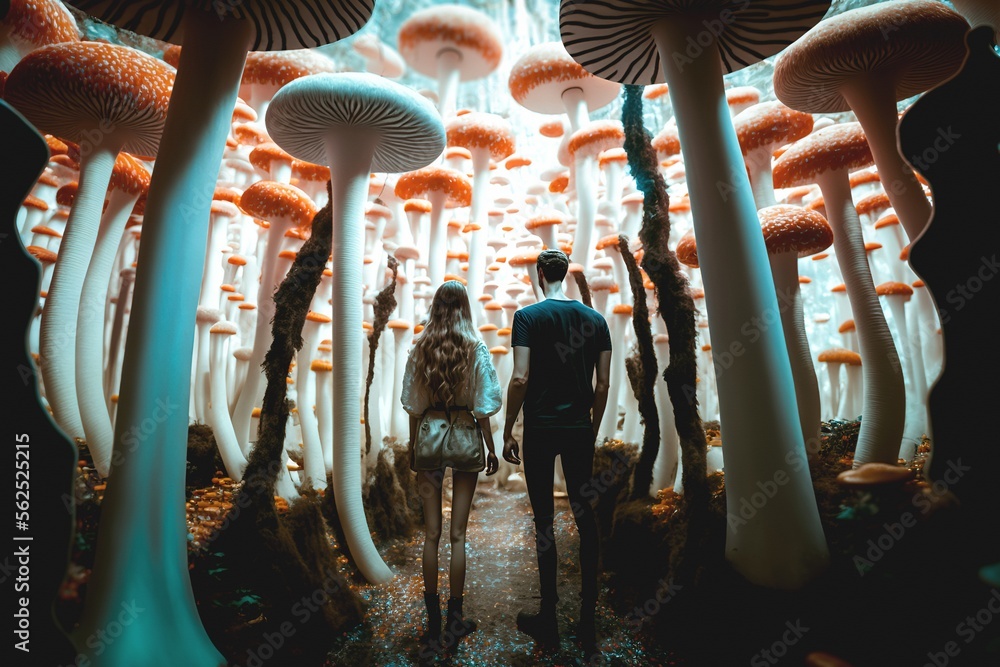 Φωτογραφία A man and a woman meet in a forest of magic psychedelic mushrooms for a date during Valentine's Day