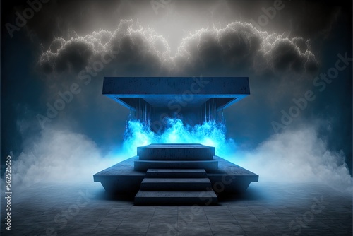 Blue futuristic empty podium stage with Smoke and neon light generative ai sci-fi alien stand platform