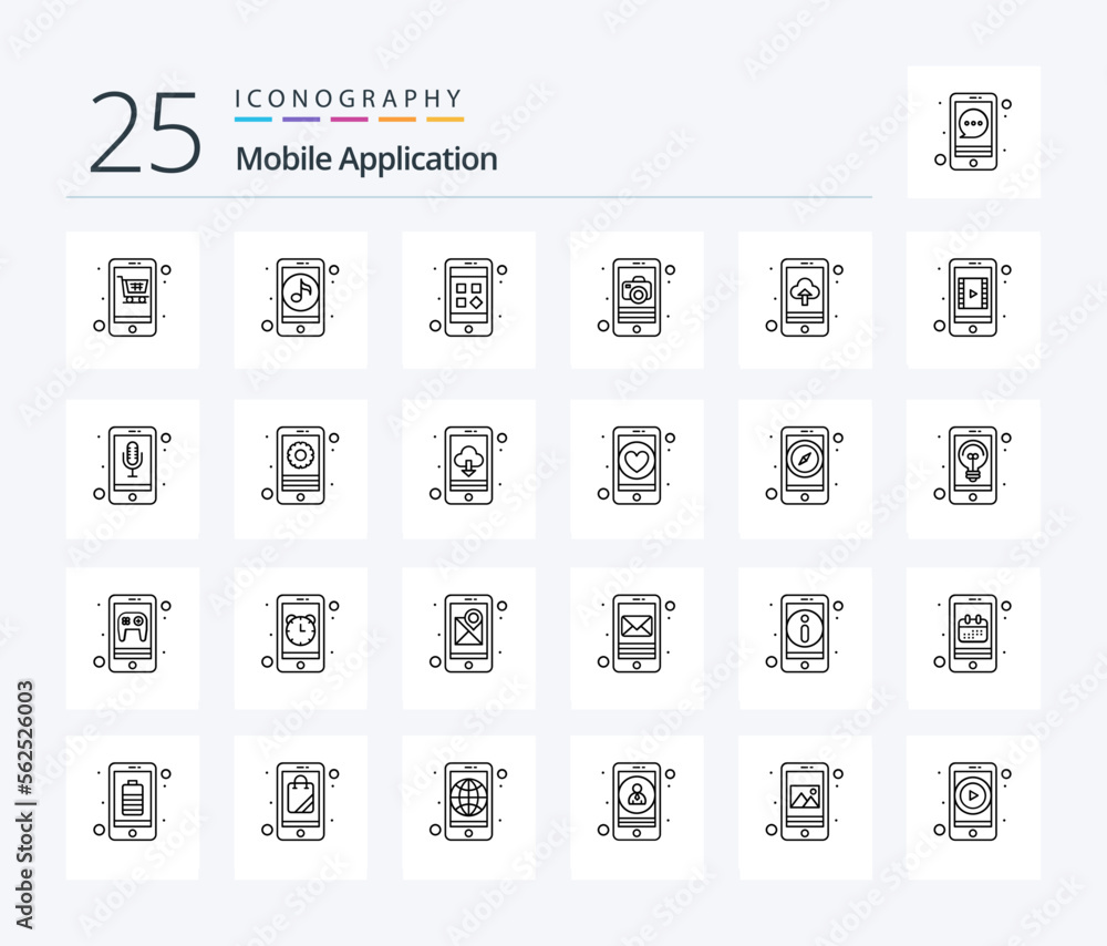 Mobile Application 25 Line icon pack including app upload. app. app. mobile. application