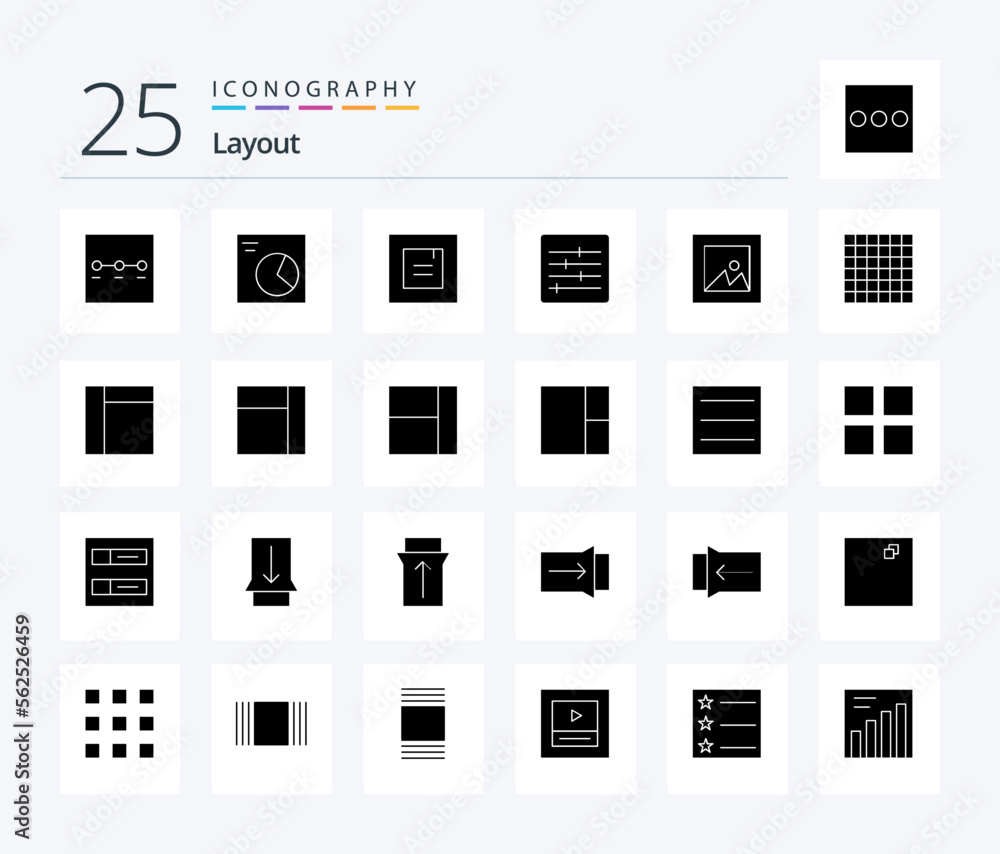 Layout 25 Solid Glyph icon pack including hamburger. grid. window. photo. image