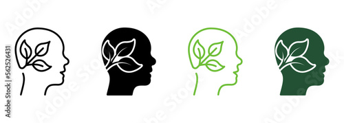 Ecology Idea, Eco Green Thinking Line and Silhouette Icon Color Set. Plant in Human Head. Leaf and Person Brain Environment Symbol Collection on White Background. Isolated Vector Illustration