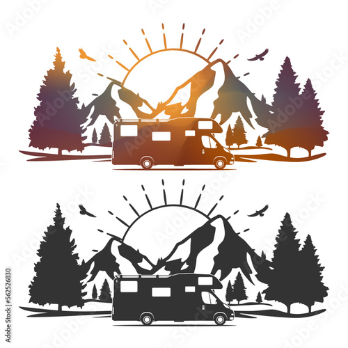 Motorhome Landmark Illustration Clip Art Design Shape. Mountain Scene Silhouette Icon Vector.