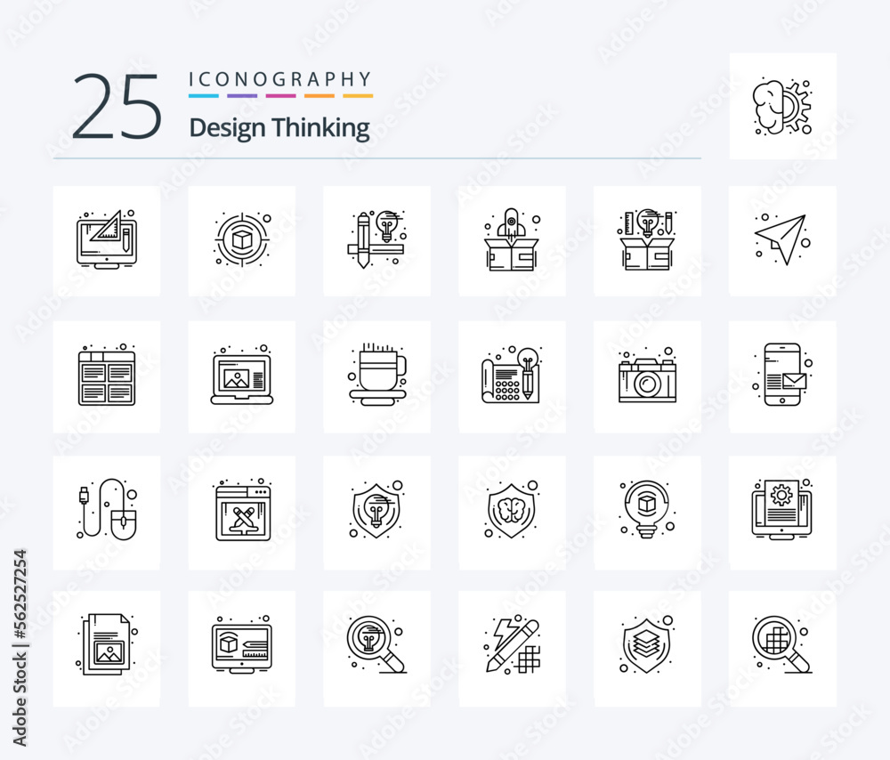 Design Thinking 25 Line icon pack including design. computer. thinking. up. rocket