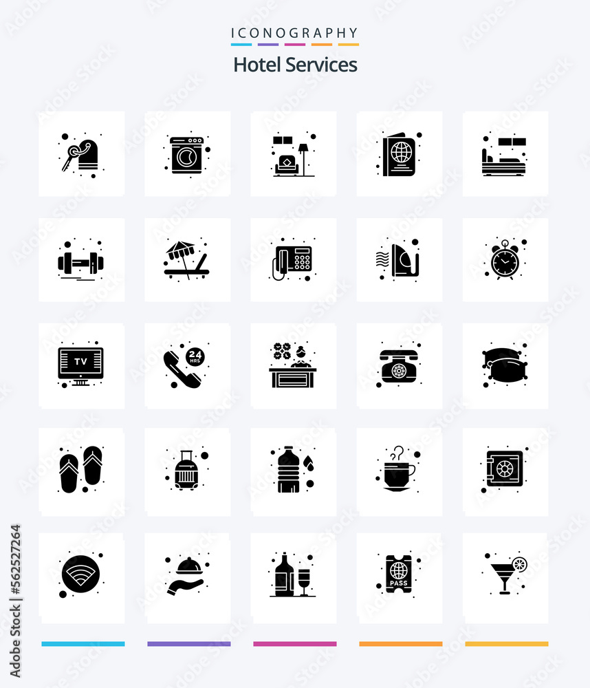 Creative Hotel Services 25 Glyph Solid Black icon pack  Such As sleep. room. lamp. bed. ticket