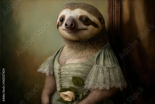 Portrait of sloth in a victorian dress. Generative AI