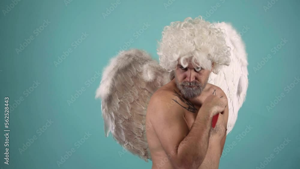 Funny valentin angel with heart. Arrows of love. Valentines day celebration. Humor comical concept.