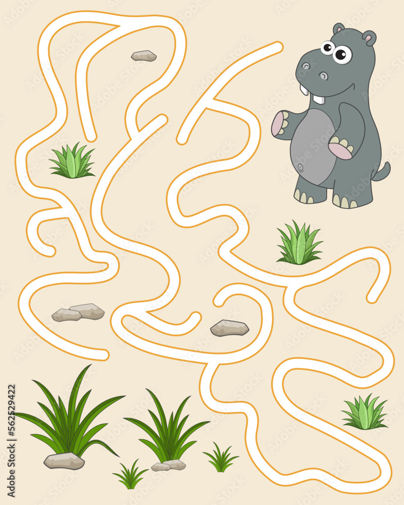 Fototapeta premium Logic Game for kids. Help the hippo find the pathway to thickets of grass. Entry and exit. Labyrinth with solution. Educational maze game with cute character hippo. Vector cartoon style illustration.