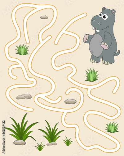 Logic Game for kids. Help the hippo find the pathway to thickets of grass. Entry and exit. Labyrinth with solution. Educational maze game with cute character hippo. Vector cartoon style illustration.