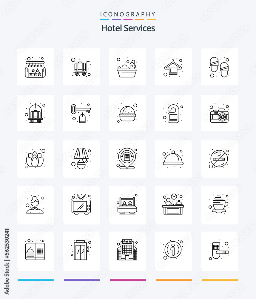 Creative Hotel Services 25 OutLine icon pack  Such As shoes. bath. service. wardrobe. shower