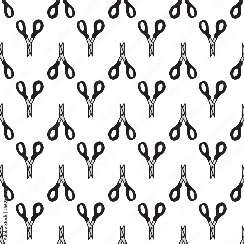 Scissor seamless pattern. Hand drawn professional pair of scissors cutting hair. Craft and scissoring. Vector print on white background