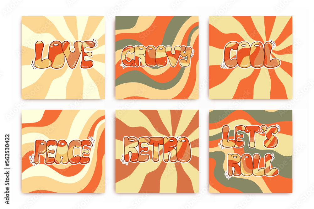 Set of groovy posters on rainbow background. Retro postcards in 70s. Hippie and boho style.