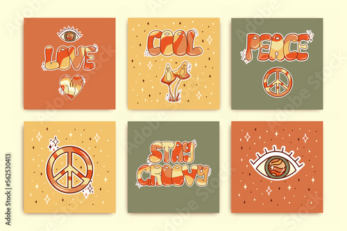 Set of groovy posters. Retro postcards in 70s. Hippie and boho style.