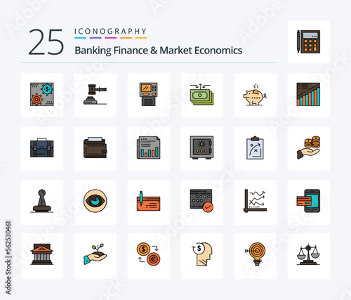 Banking Finance And Market Economics 25 Line Filled icon pack including cash. atm. action. legal. hammer