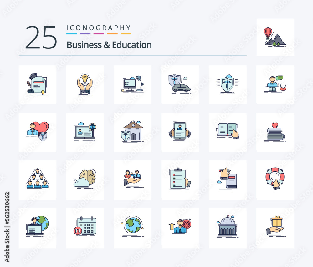 Business And Education 25 Line Filled icon pack including hand. computer. share. lamp. workstation