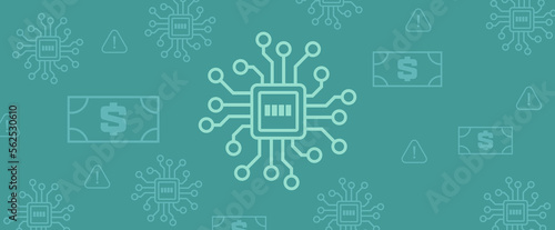 Banner of a computer microchip semiconductor and dollar bills with the increase in demand and supply chain issues
