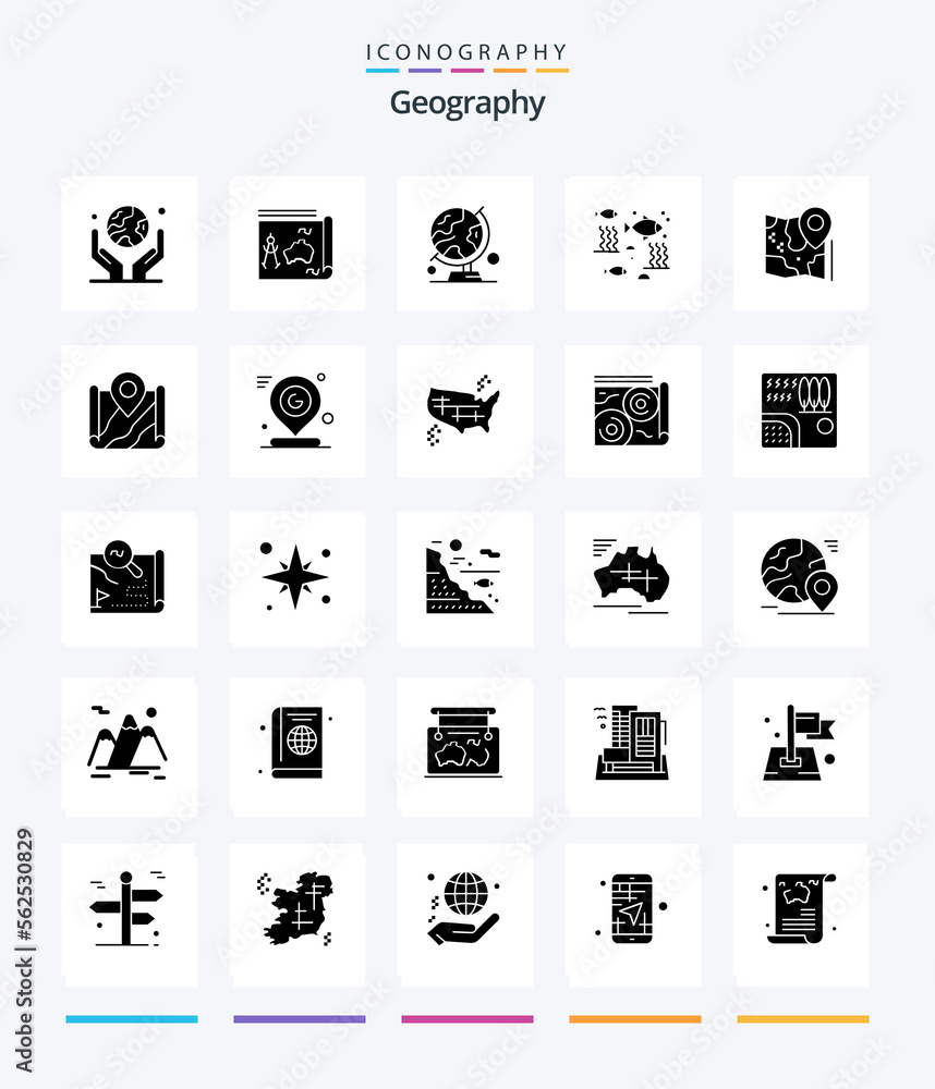 Creative Geo Graphy 25 Glyph Solid Black icon pack  Such As river. fish. book. table globe. map