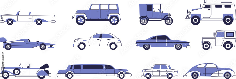Set of different cars. Vector flat images of old cars, limousines, company cars, sports cars.