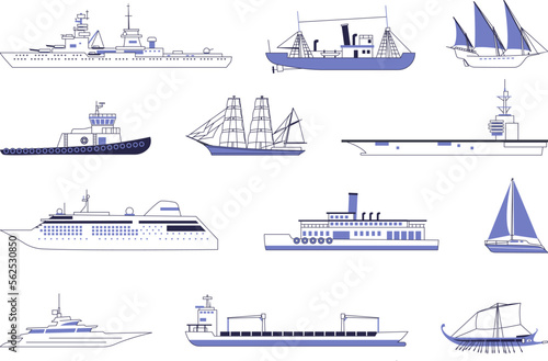 Set of ships and vessels. Vector images of sailing ships, steamships, modern ships.