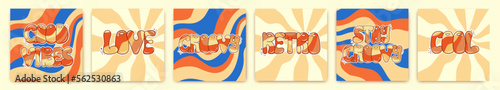 Set of groovy posters on rainbow background. Retro postcards in 70s. Hippie and boho style.