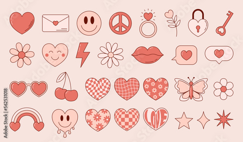 Hippie Valentines day romantic sticker collection. Groovy cute elements in trendy retro style. Vector illustration