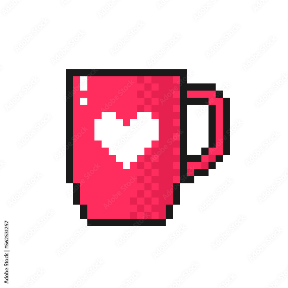 Cup with heart icon in pixel art style. Love symbol for Valentine's Day. Isolated on white background vector sign Cup with heart icon in pixel art style. Love symbol for Valentine's Day. Isolated on white background vector sign