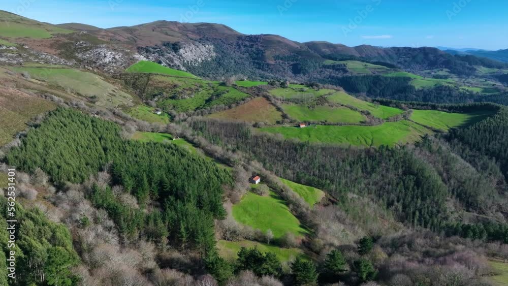 Landscape in the surroundings of La Galupa and Surbias near the town of Santecilles. Over holm oak forest. Aerial view. Armañon Natural Park. Valley of Carranza. Biscay. Basque Country. Spain. Europe Landscape in the surroundings of La Galupa and Surbias near the town of Santecilles. Over holm oak forest. Aerial view. Armañon Natural Park. Valley of Carranza. Biscay. Basque Country. Spain. Europe