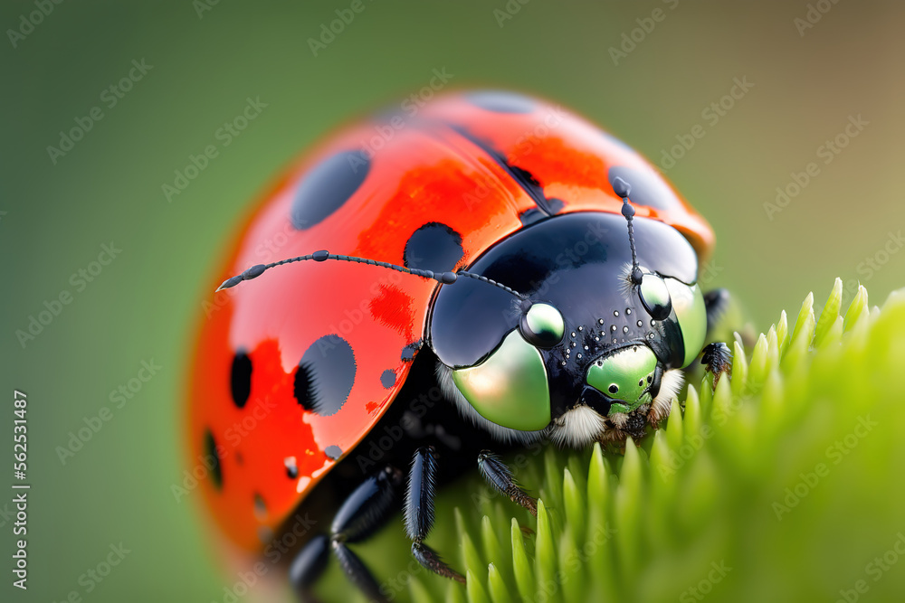 a red ladybug sitting on top of a lush green, macro animal, generative ai illustration a red ladybug sitting on top of a lush green, macro animal, generative ai illustration